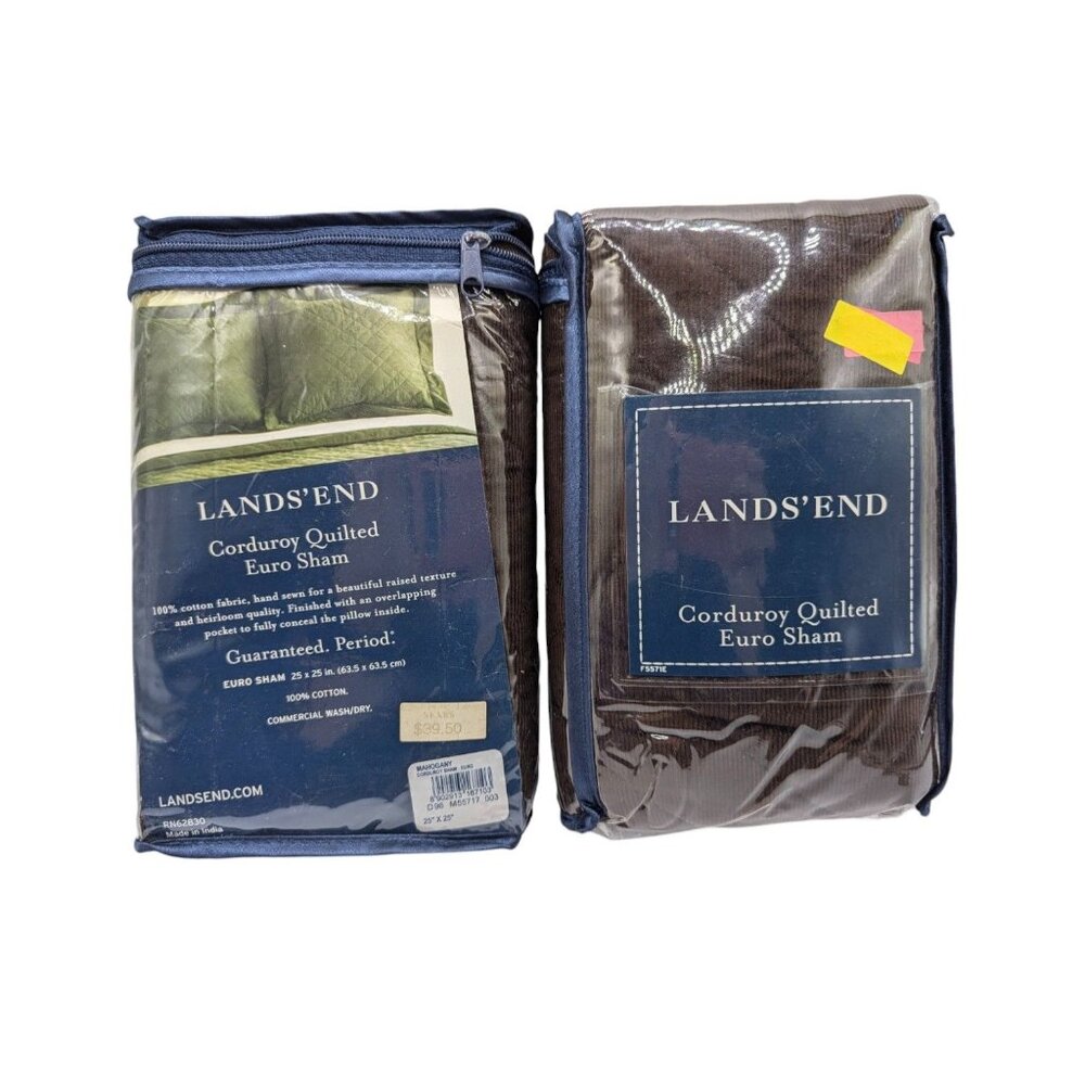 Lands End Brown Corduroy Quilted Euro Sham Set of 2 - 25" x 25" - 100% Cotton